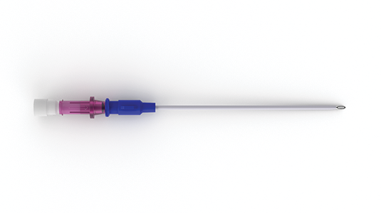 Metal needle (left) and plastic cannula (center: metal guide