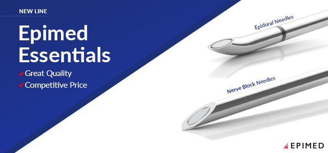 Illustration of Epimed Essentials™ Needles, including Tuohy and Quincke nerve block needles, designed for precision and reliability in pain management procedures.