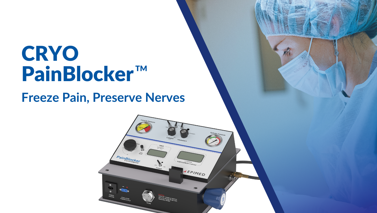 Medical professional using Cryo PainBlocker™ cryoanalgesia device by Epimed for minimally invasive pain management.